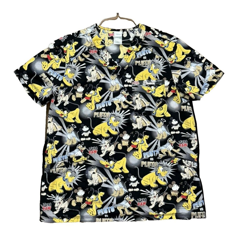Women’s Scrub Top Disney Pluto Mickey Mouse Elastic Gussets MEDICAL RN LPN Sz L